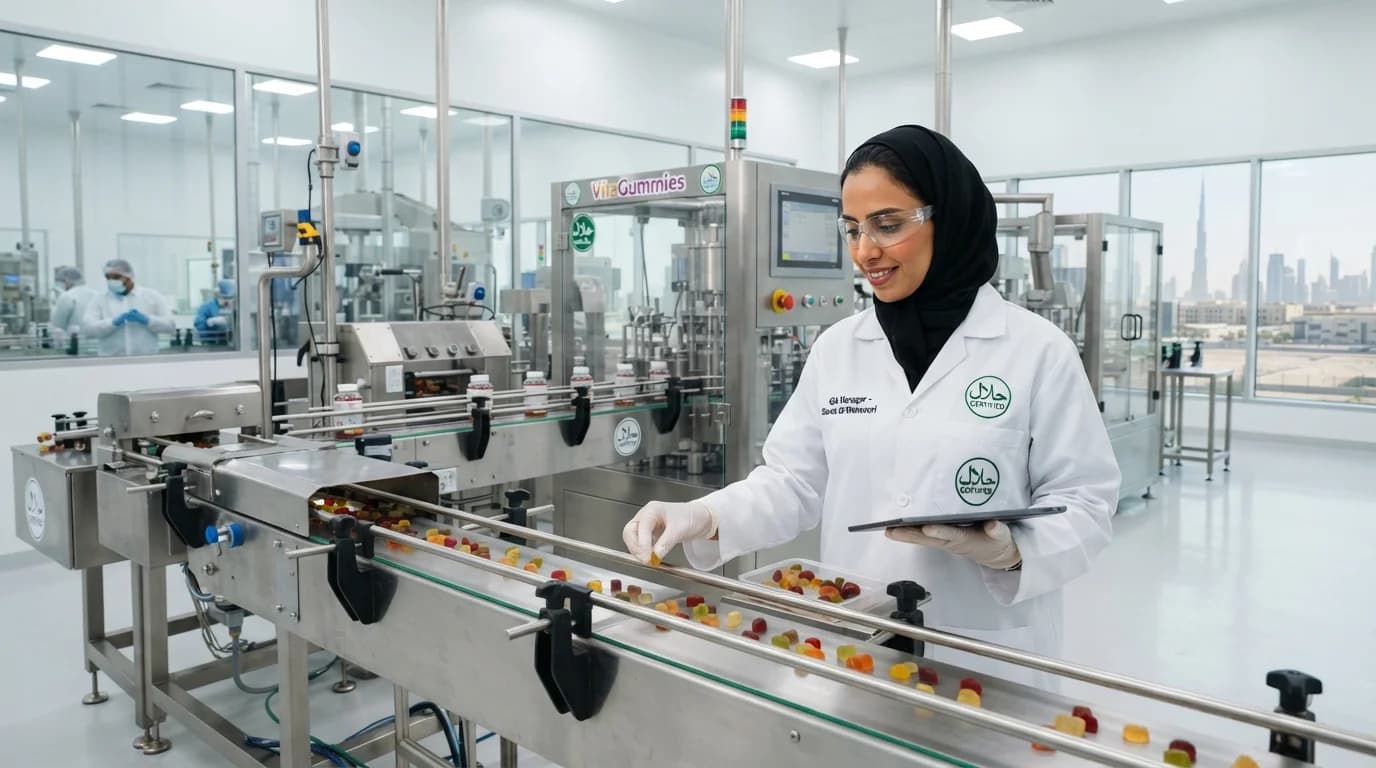 Halal pectin gummies manufacturing facility focused on SFDA and ESMA compliance for UAE exporters