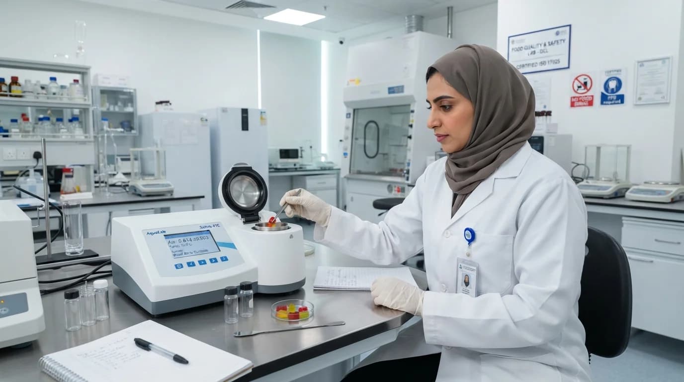 Technical QA lab testing water activity for UAE halal gummy production