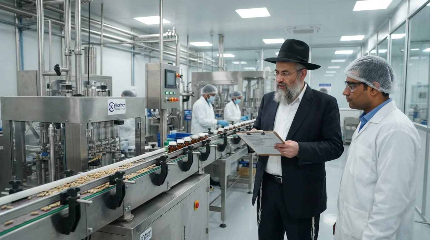 QA inspector verifying kosher pectin gummies process and Star-K certification at an Indian facility