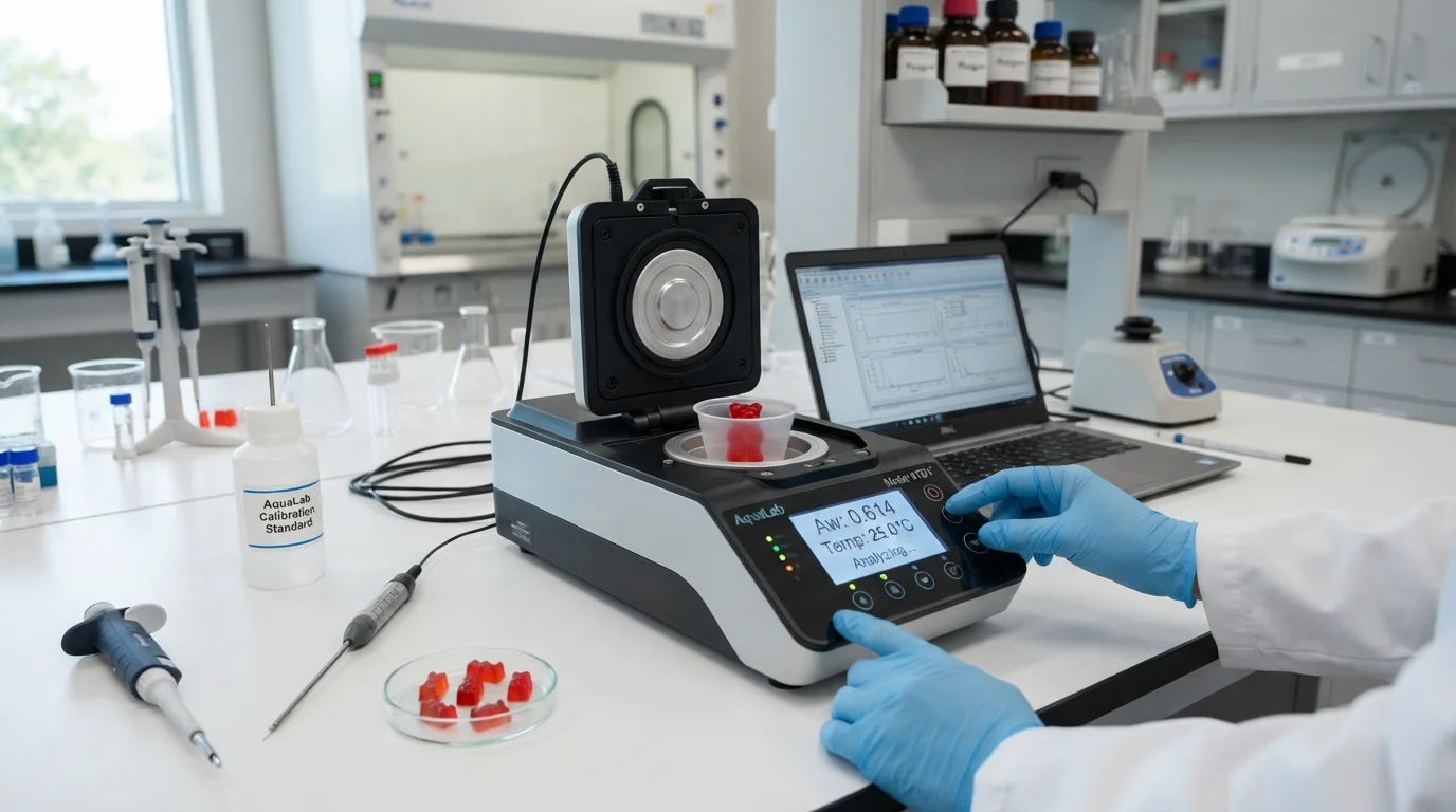 Analytical lab testing water activity aw in gummy manufacturing to prevent microbial growth