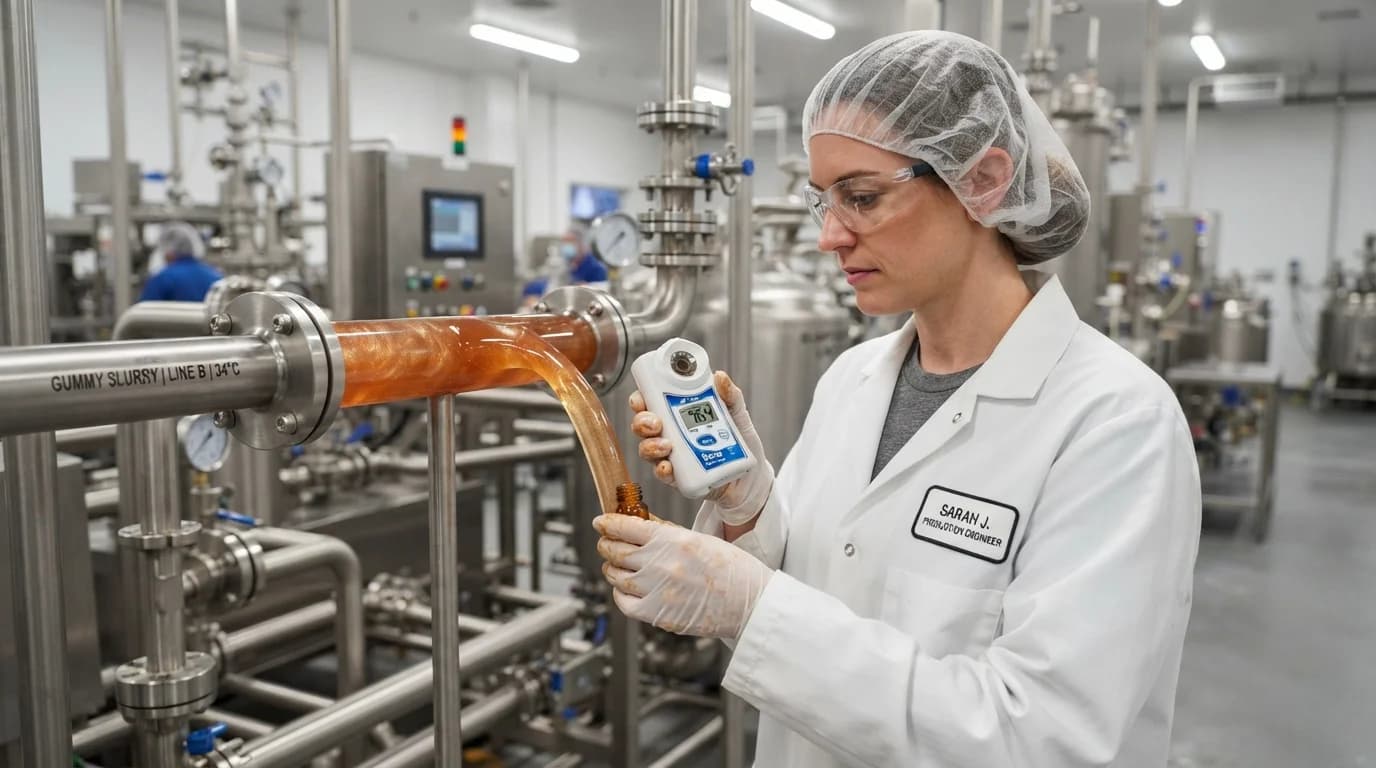 Formulator testing Brix levels with a refractometer to prevent crystallization in gummy manufacturing