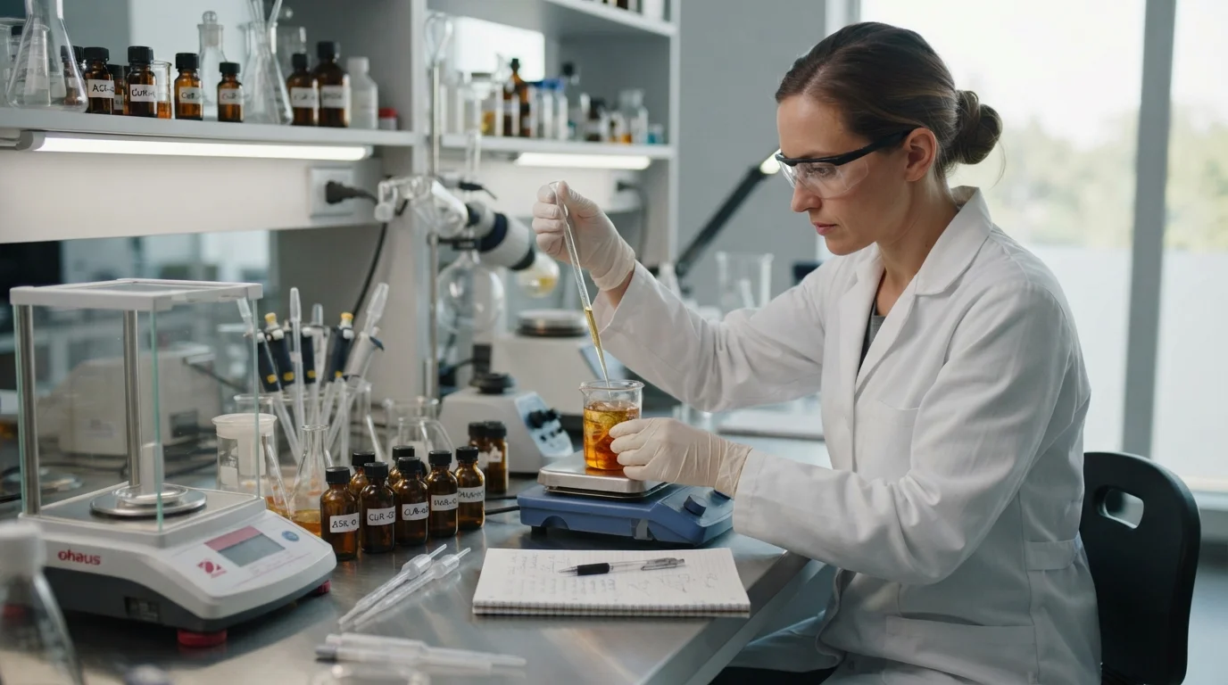 Flavor chemist developing advanced masking techniques for ashwagandha and curcumin botanical gummies