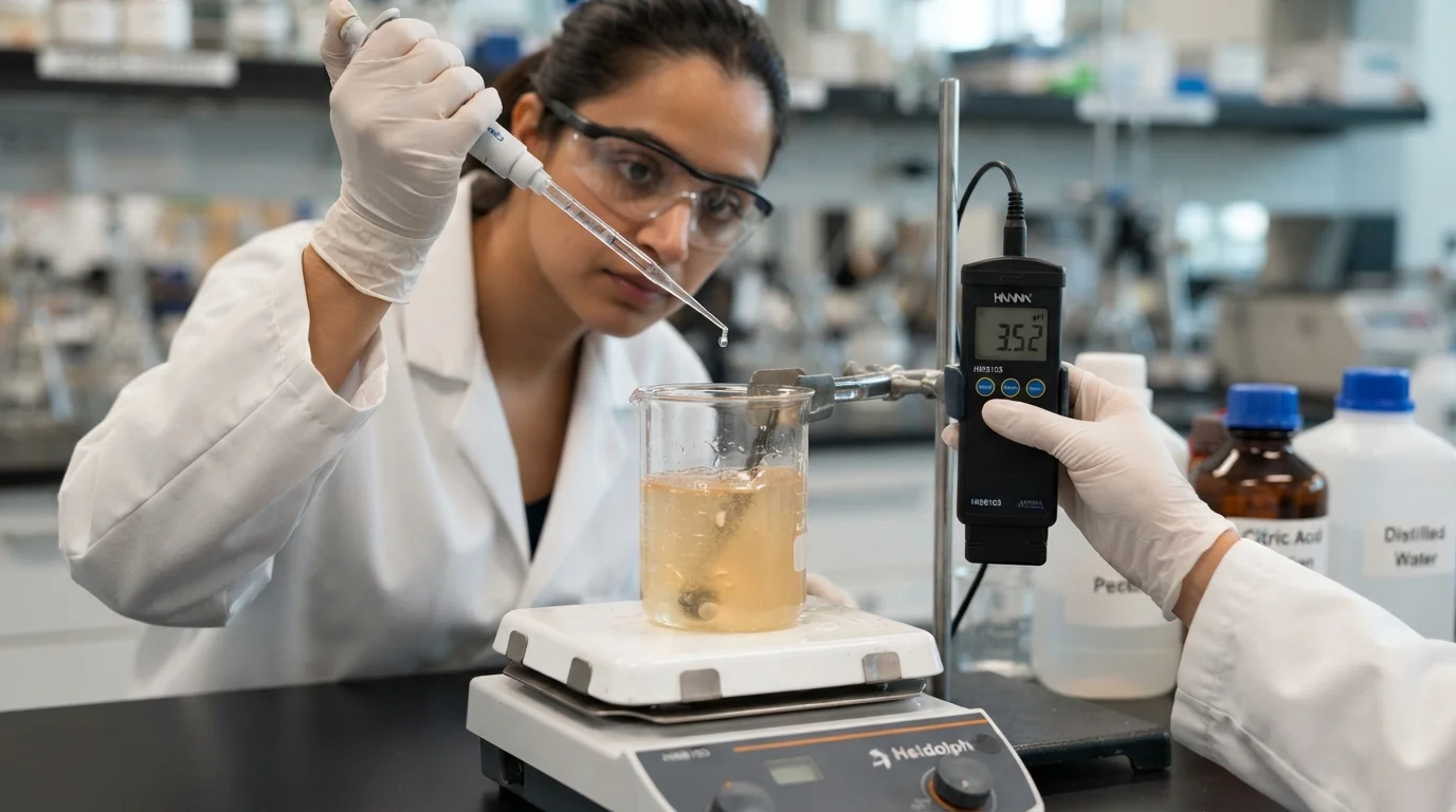 Chemist measuring pH and titrating citric acid to control pectin gelation kinetics