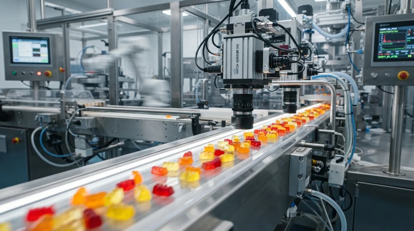 High speed automated optical inspection AOI cameras analyzing gummies for defects on production line