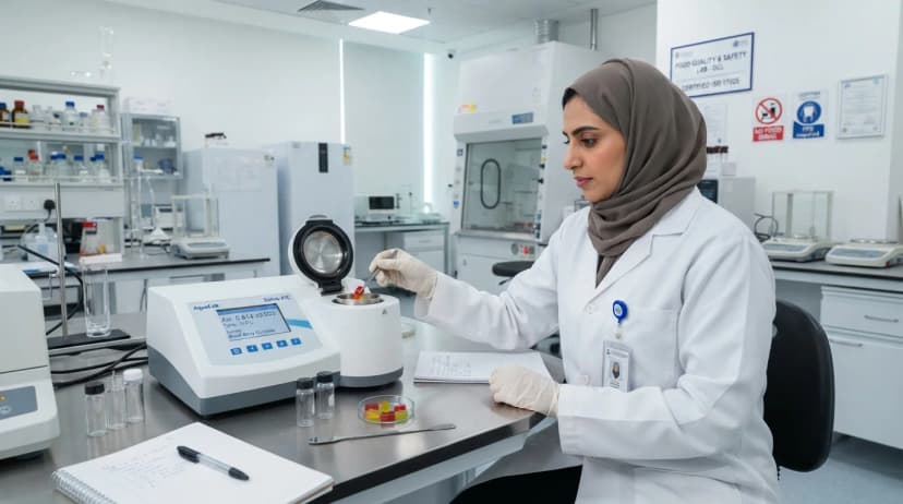 Technical QA lab testing water activity for UAE halal gummy production