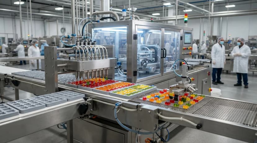 Starchless mogul technology equipment used for high efficiency kosher gummy production