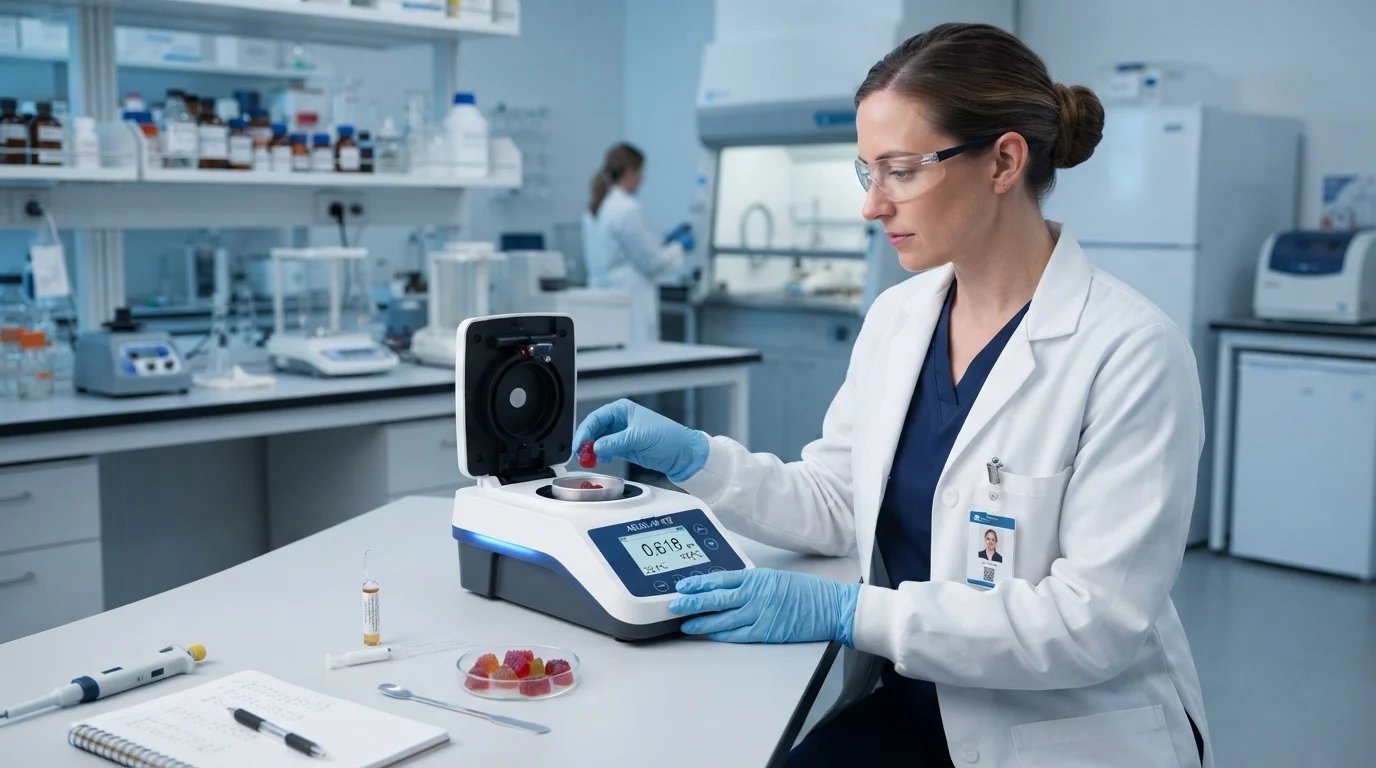 QA lab conducting water activity testing on kosher supplement gummies for shelf stability