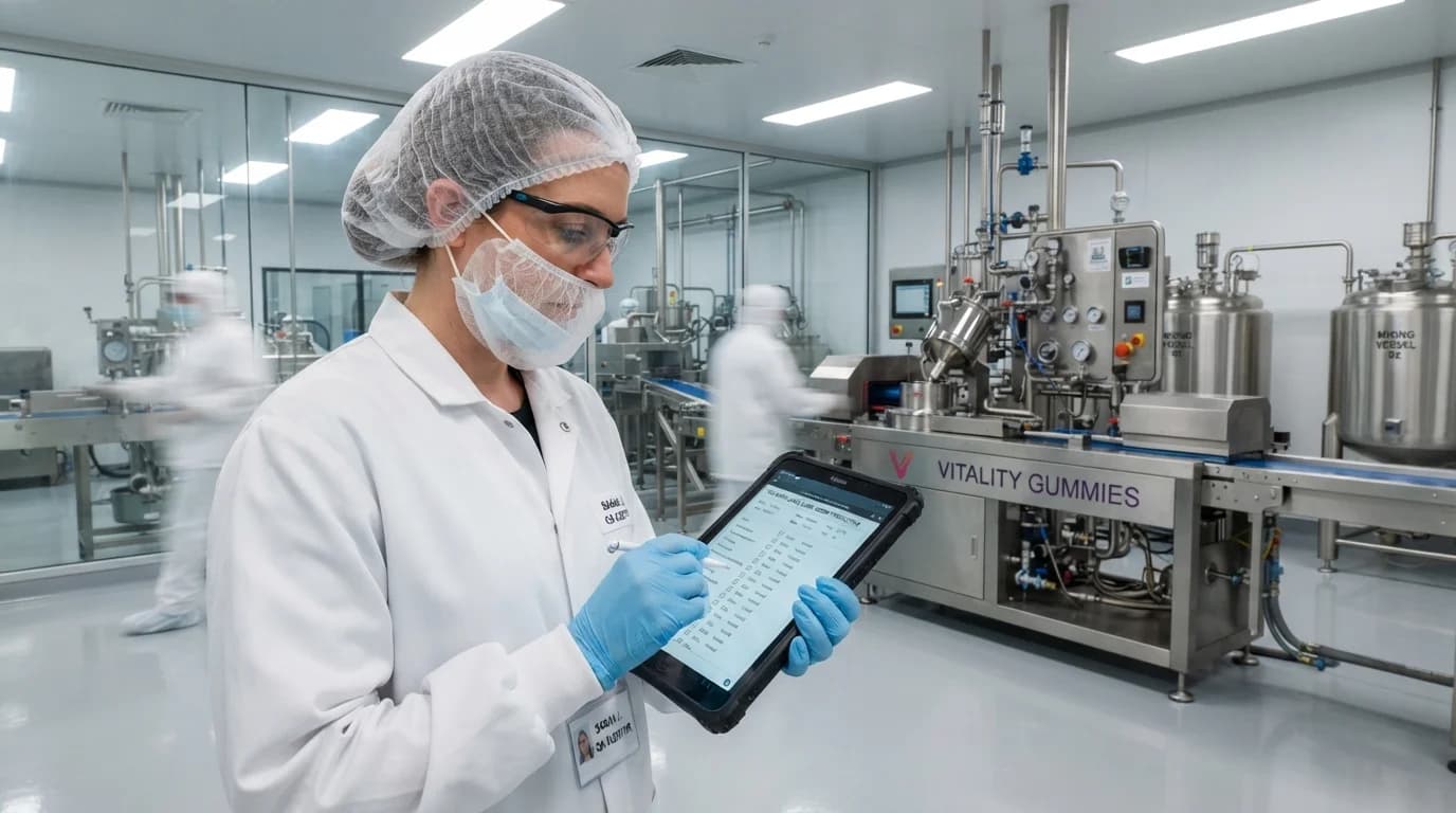 Quality assurance auditor reviewing TGA compliant gummy manufacturing documentation for Australian import