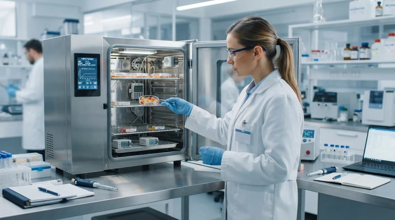 Lab technician conducting accelerated stability testing on gummies in climatic chamber for Australian export