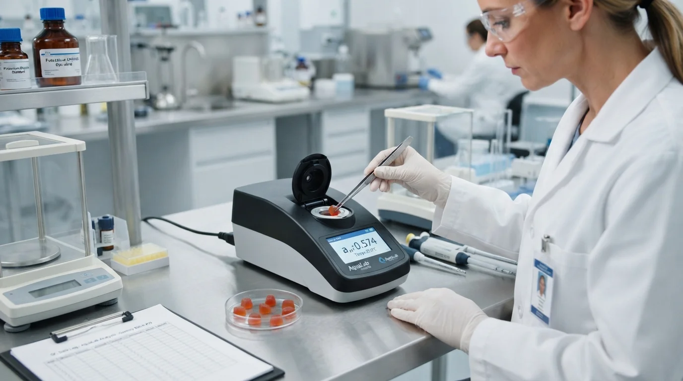 Scientist using AquaLab aw meter to validate water activity for TGA listed gummy supplements