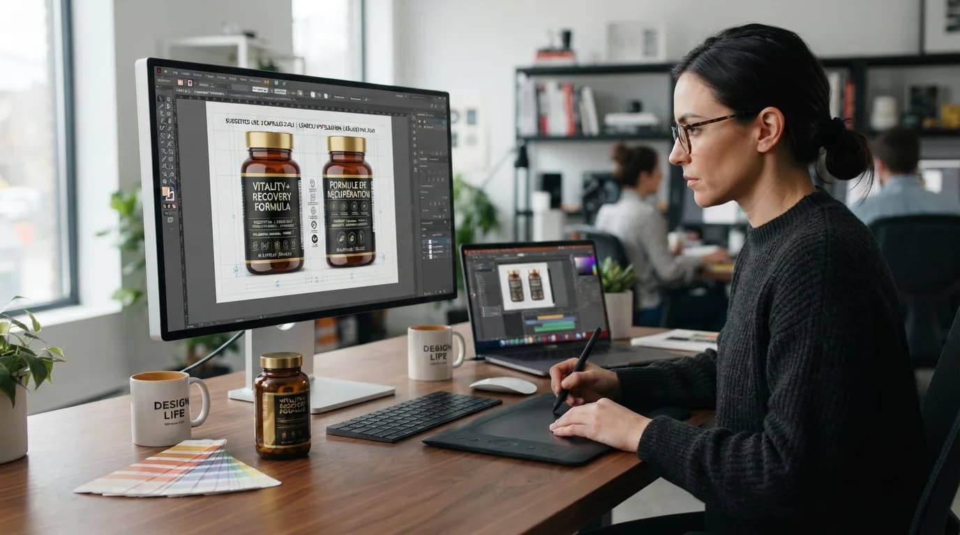 Graphic designer formatting bilingual English French compliant labels for Canadian gummy supplements