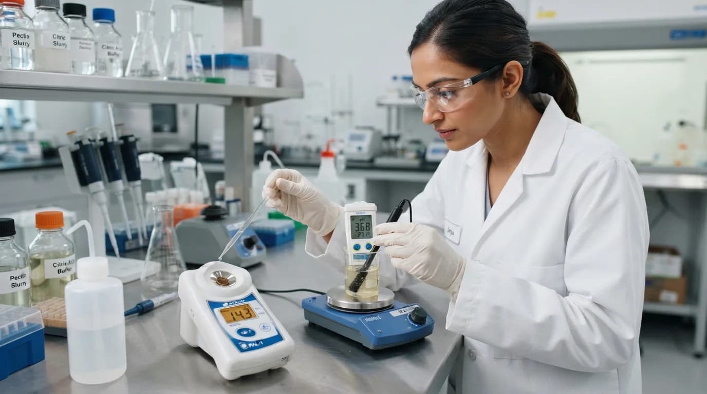 Food scientist analyzing pectin gelation kinetics in vegan gummy supplement manufacturing
