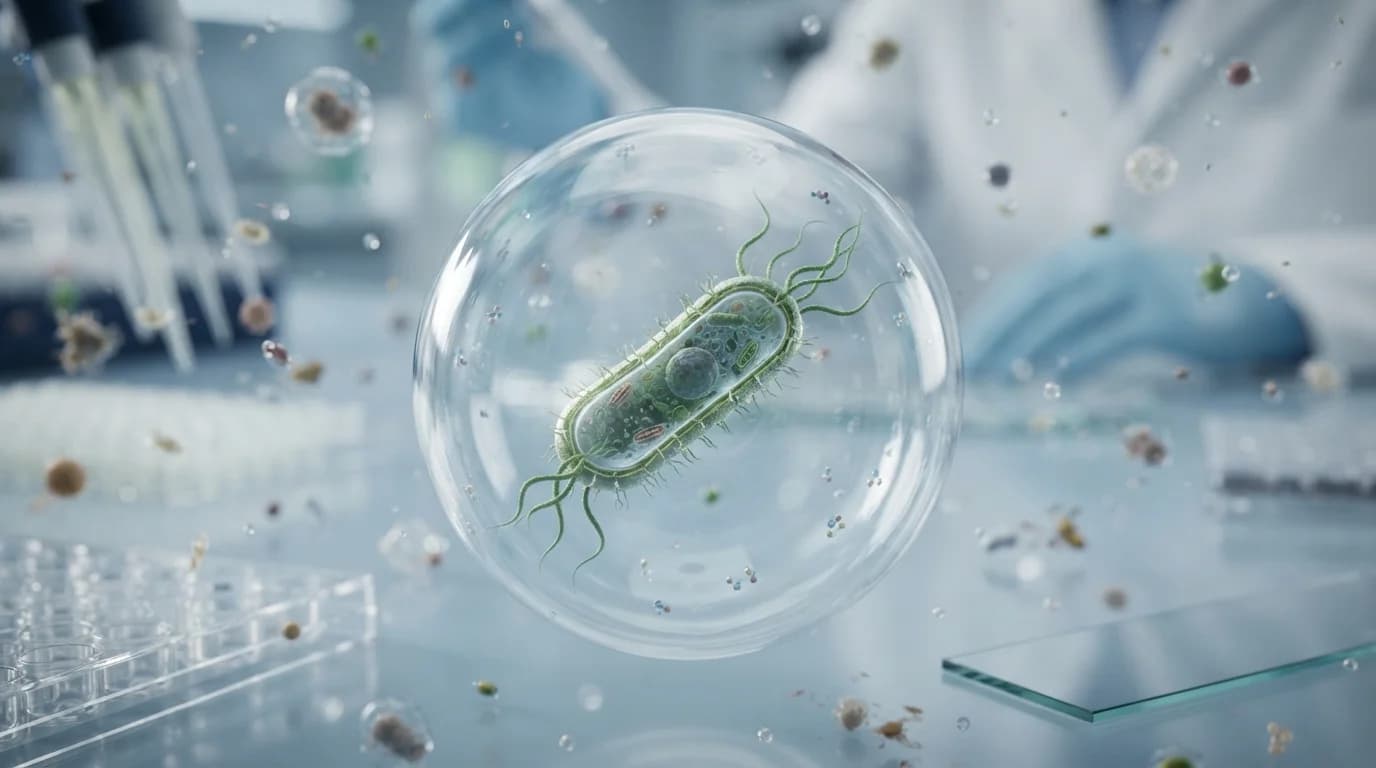 Microscopic view of microencapsulation technology protecting probiotic strains for gummy manufacturing