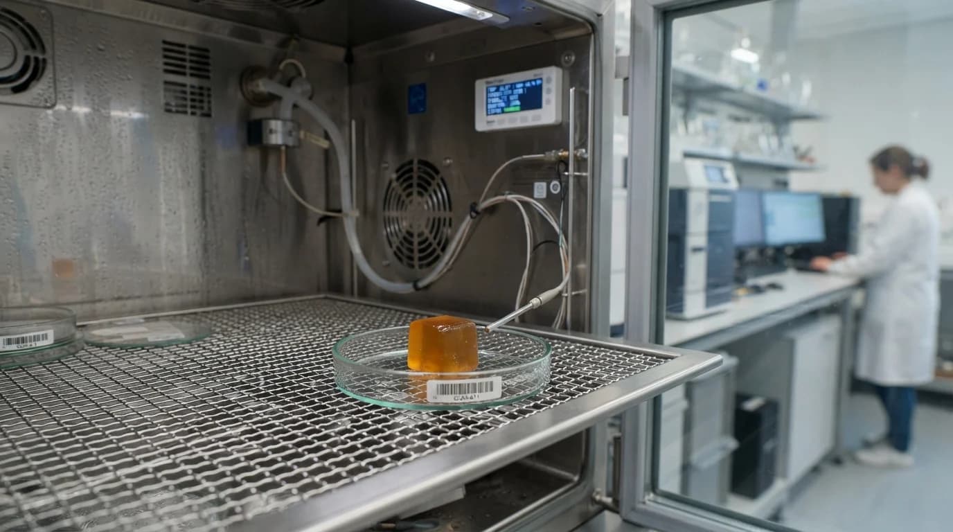 Formulator analyzing gummy syneresis and weeping failures to develop hot climate stability strategies