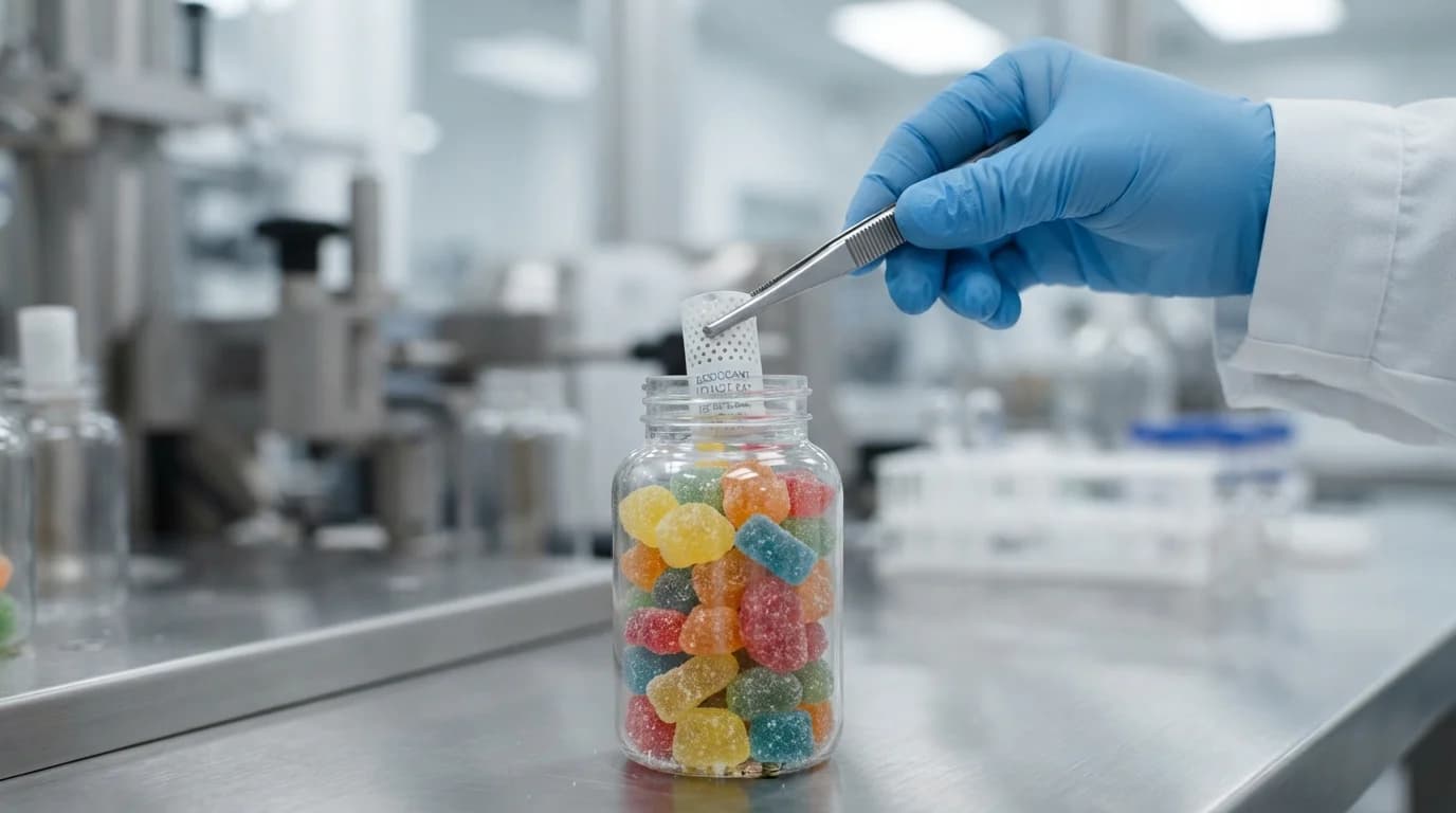 Packaging engineer placing silica gel desiccant into gummy bottle to prevent moisture migration