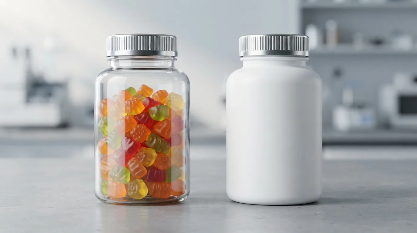Packaging specialist comparing PET and HDPE bottles for low water activity gummy shelf life
