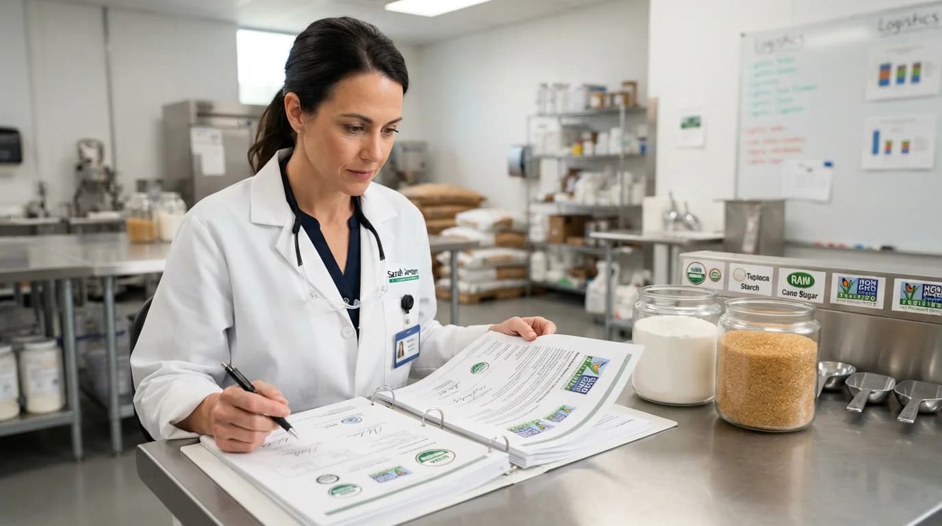 Supply chain manager reviewing Non-GMO and Organic certifications for clean label gummy manufacturing