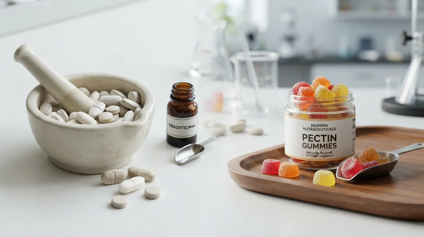 Pharmacokinetic graph comparing bioavailability of functional gummies versus traditional compressed tablets