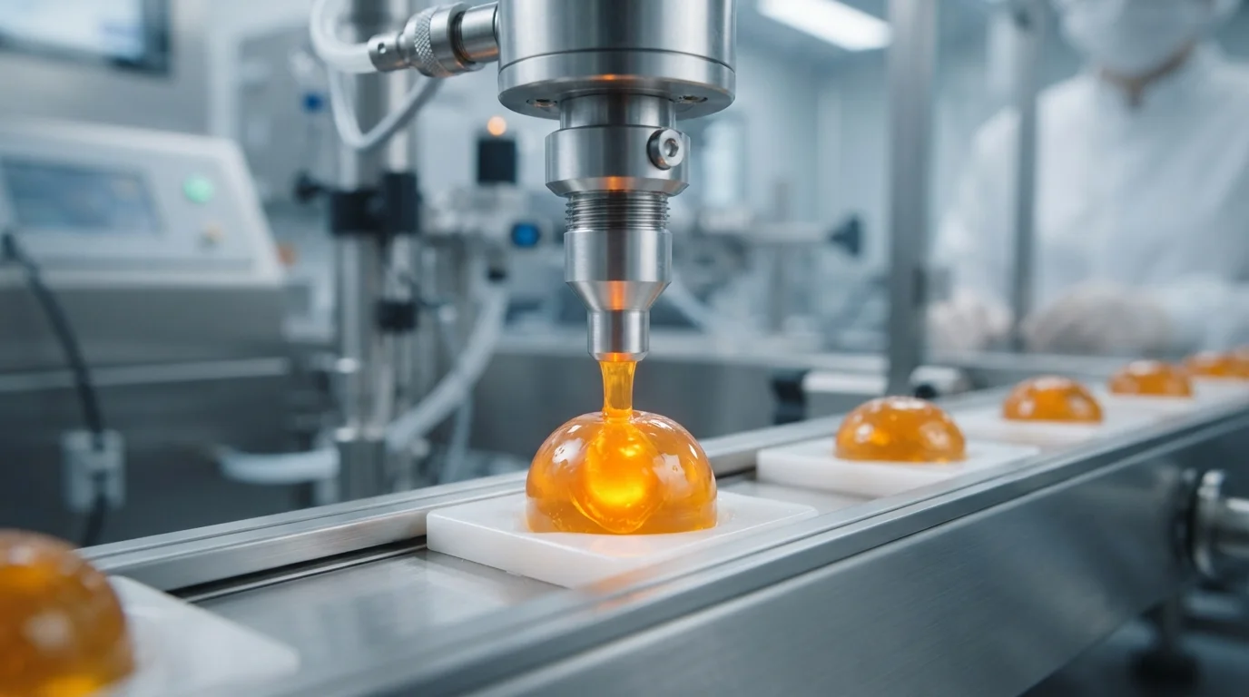 Advanced depositing nozzle injecting active liquid center into pectin gummy for nutraceutical application