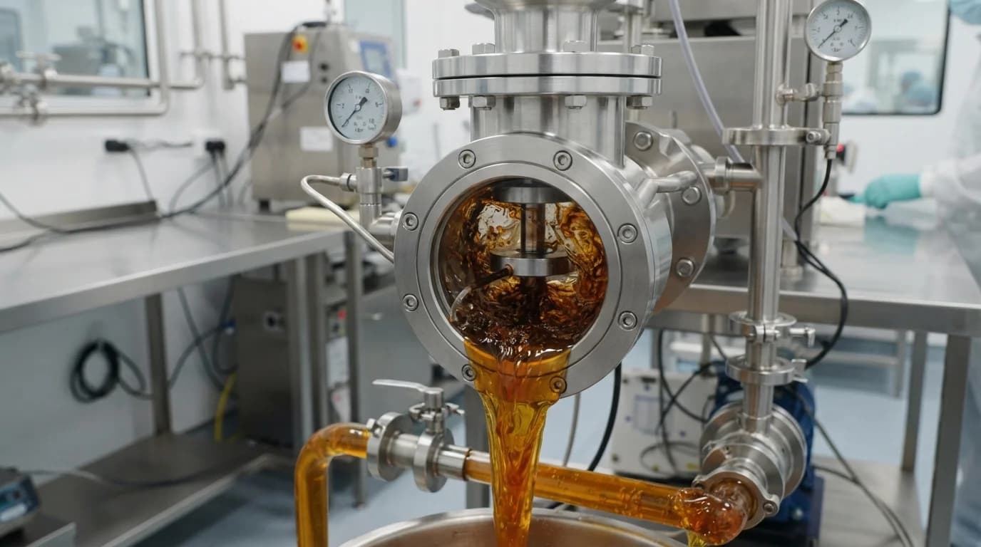 Chemical engineer monitoring high shear mixing of botanical powders into pectin gummy slurry