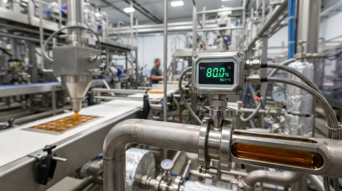 Digital inline refractometer monitoring Brix levels in real time on continuous gummy manufacturing line