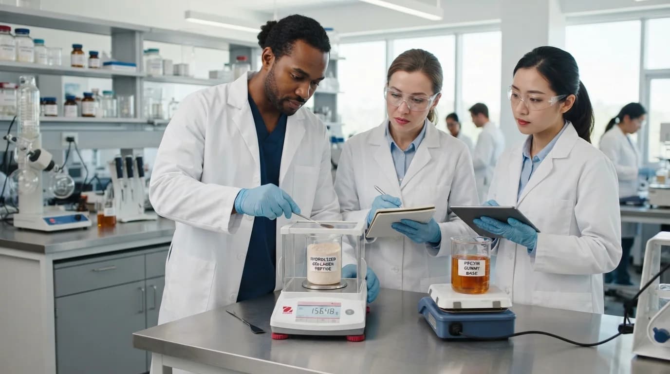 Chemist optimizing hydrolyzed collagen peptides for flawless texture in pectin gummy formulations