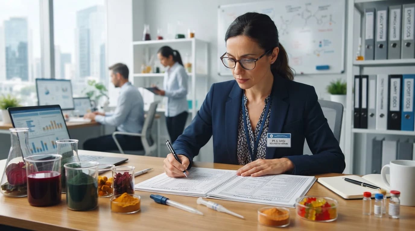 Regulatory expert comparing natural vs artificial colorants for FDA and EFSA gummy export compliance
